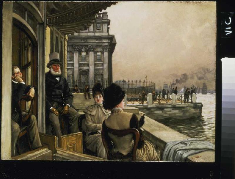 On the terrace of the Trafalgar tavern old in Gree de James Jacques Tissot