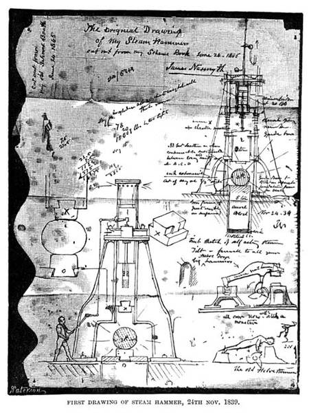 First Drawing of Steam Hammer, 24th November 1839, from a torn out page from Nasmyth's sketch book, de James Nasmyth