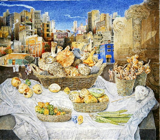 Still Life with Funghi and Cityscape, 2001 (oil on canvas)  de  James  Reeve