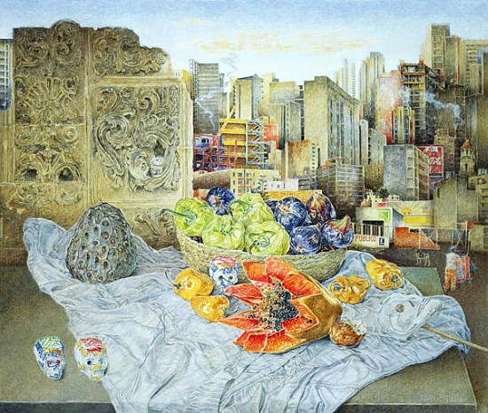 Still Life with Papaya and Cityscape, 2000 (oil on canvas)  de  James  Reeve
