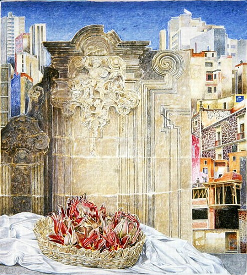 Still Life with Strange Fruit and a Baroque Landscape, Mexico City, 2003 (oil on canvas)  de  James  Reeve
