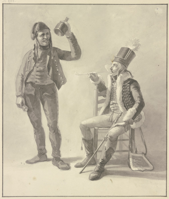 Sitzender rauchender Husar, dabei der Wirt mit Flasche und Glas de Jan Anthonie Langendijk