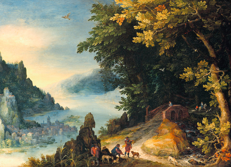 Stretch riverside with locking hikers de Jan Brueghel (El Viejo)