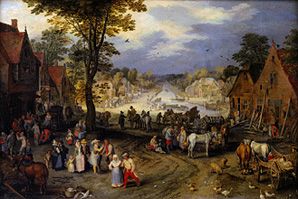 Busy village square. de Jan Brueghel (El Viejo)