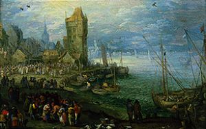Fish market on the sea beach. de Jan Brueghel (El Viejo)