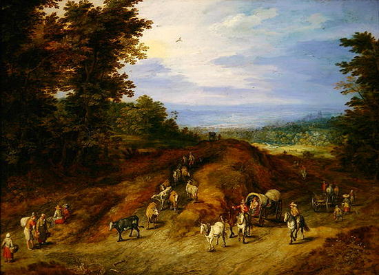 Landscape with peasants, carts and animals (oil on copper) de Jan Brueghel (El Viejo)
