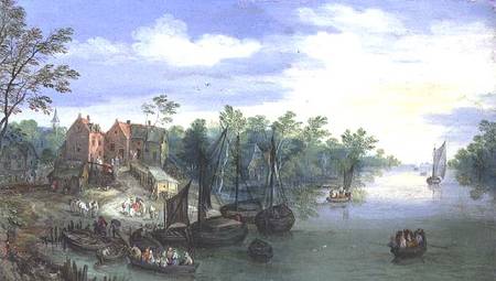 Rivercraft near a Jetty de Jan Brueghel (El Viejo)