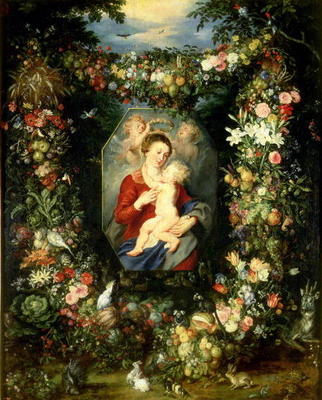 The Virgin and child in a garland of fruit and flowers, c.1614-18 (oil on panel) de Jan Brueghel (El Viejo)