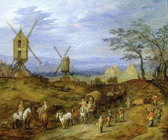 Landscape with Travellers near Windmills de Jan Brueghel (El Joven)