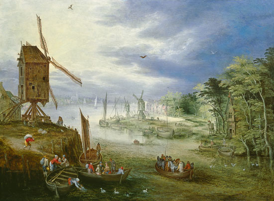 River Landscape with Windmills de Jan Brueghel (El Joven)