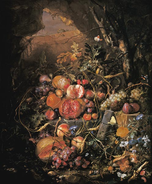 Still-life with fruit, flowers, mush– rooms, insects, snail de Jan Davidsz de Heem