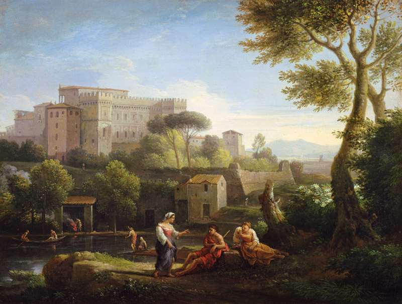 Landscape with figures and a fortress by a river (pair of 81826) de Jan Frans van Bloemen