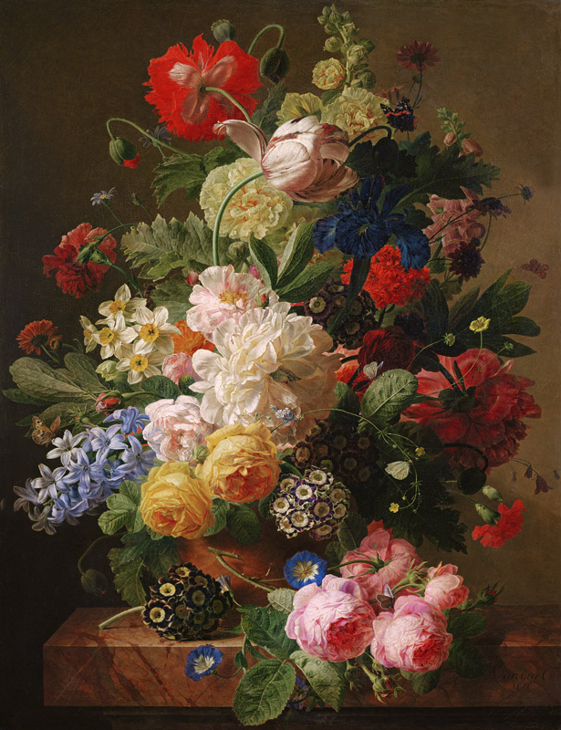 Flowers in a vase on a marble console table de Jan Frans van Dael