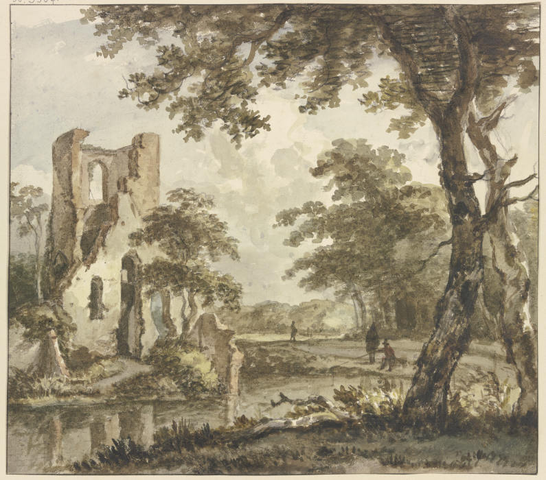 Links am Wasser eine Ruine, rechts ein Angler und zwei weitere Figuren de Jan Hulswit