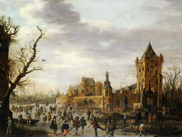 A View of Kasteel Batestein Vianen, in Winter with a Gentleman, his Wife and Retinue Watching Winter de Jan Josephsz. van Goyen