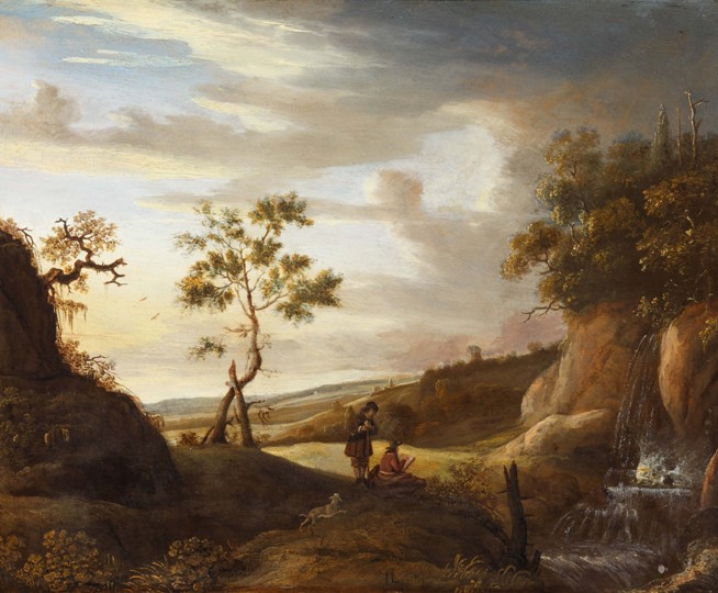Landscape with an artist who paints a waterfall de Jan Lievens