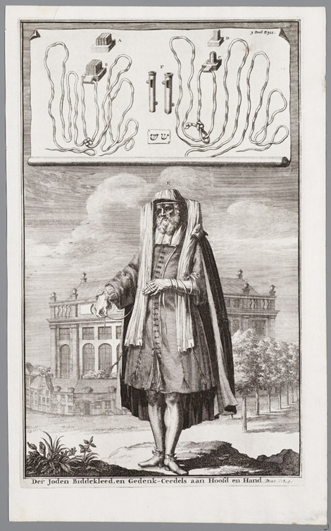 Jewish man, dressed for prayer. On the background the Portuguese Synagogue of Amsterdam de Jan Luyken