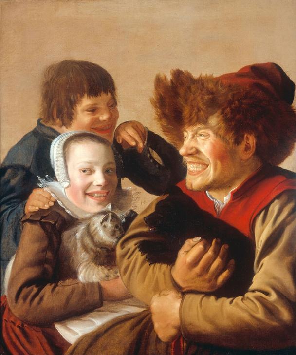 A Grinning Boy in a Fur Hat Holding a Dog, a Girl with a Ca de Jan Miense Molenaer