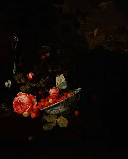 Still Life of Wild Strawberries, a Rose and a Glass Bottle de Jan Mortel