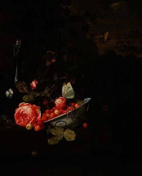 Still Life of Wild Strawberries, a Rose and a Glass Bottle