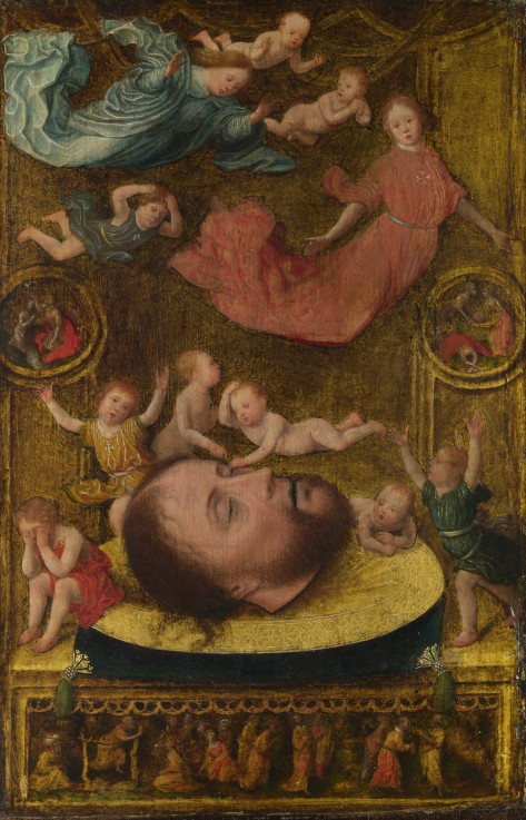 The Head of Saint John the Baptist, with Mourning Angels and Putti de Jan Mostaert