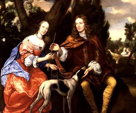 Portrait of a Gentleman and his Wife Holding an Arrow, Seated with their Dog de Jan Mytens