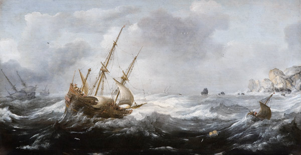 Ships in a Storm on a Rocky Coast de Jan Porcellis