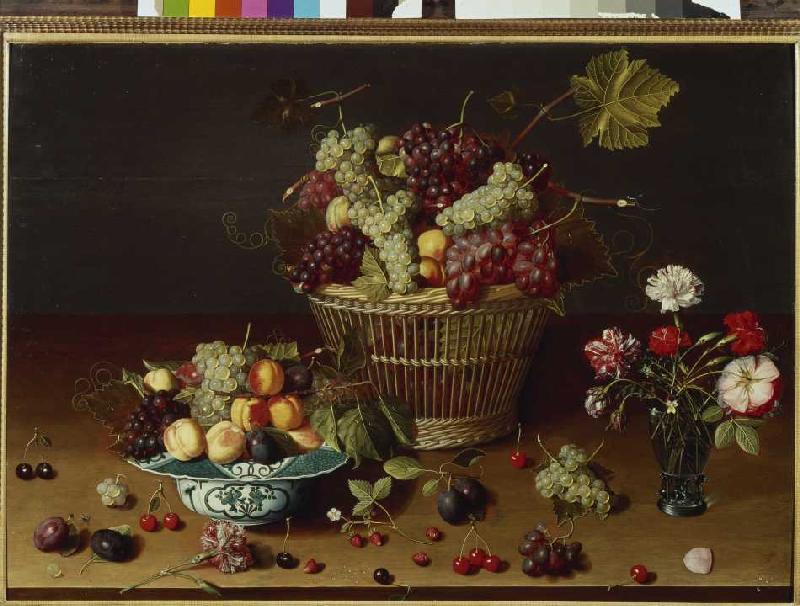 Grapes, peaches and plums in a basket. de Jan Soreau