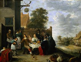 Family at a meal in the open de Jan Steen