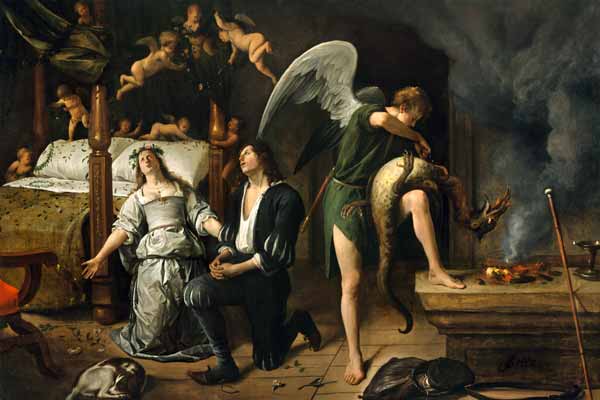 Tobias and Sarah with the Archangel Raphael exorcising the demon Asmodeus, restored version reassemb de Jan Steen