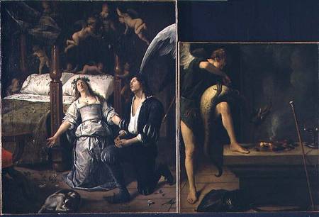 Tobias and Sarah with the Archangel Raphael exorcising the demon Asmodeus, reassembled from two sepa de Jan Steen