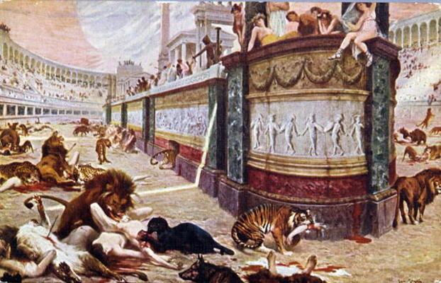 Postcard depicting the bloody games in the arena in Rome, illustration from 'Quo Vadis', 1910 (colou de Jan Styka