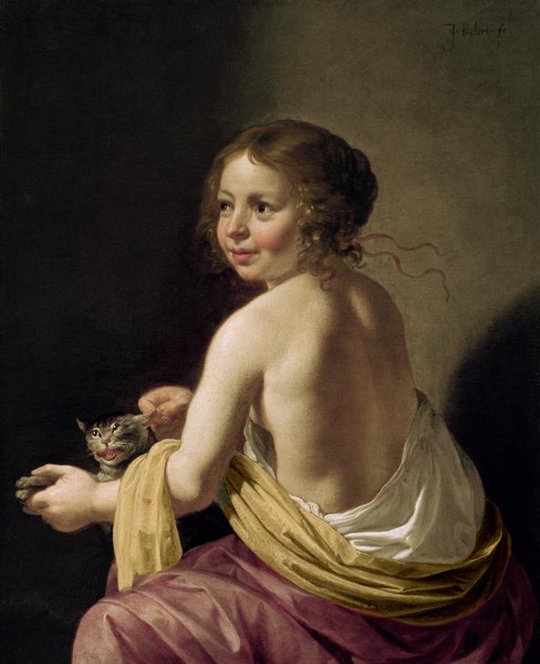 Girl teasing a cat de Jan van Bijlert or Bylert