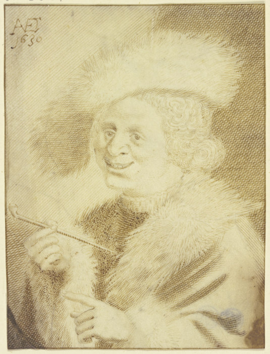 Ein Mann mit Pelzmütze und Pelzrock lachend eine Pfeife haltend de Jan van de Velde II