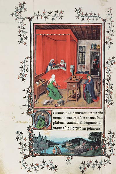 f.93v The Birth of John the Baptist and the Baptism of Christ, from the 'Hours of Milan', 1422 de Jan van Eyck