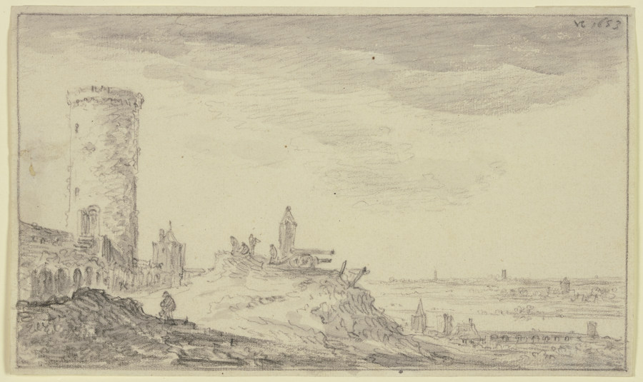 Befestigung, bei einem Kundeturm zwei Kanonen und ein Schilderhaus de Jan van Goyen