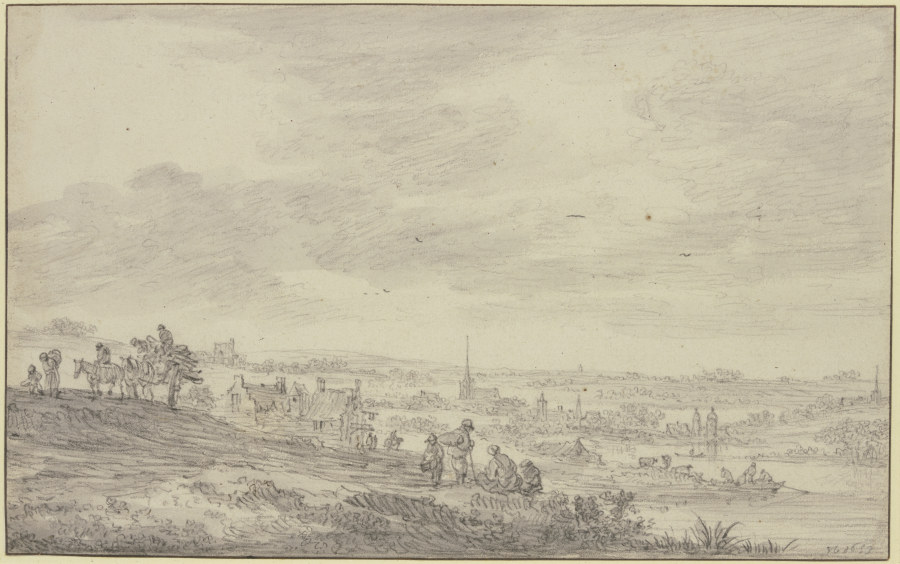 Blick über eine weite Landschaft mit Kirchturm de Jan van Goyen