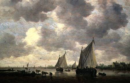 A Canal in Holland, or Two Large Sailing Ships and Cattle Near a River de Jan van Goyen