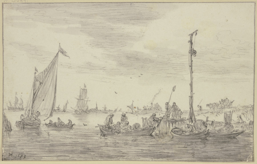 Ein hoher Signalmast halbrechts auf einer Landungsstelle, an der Ruderboote liegen de Jan van Goyen