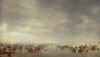 Eisfläche mit vielen Schlittschuhläufern de Jan van Goyen