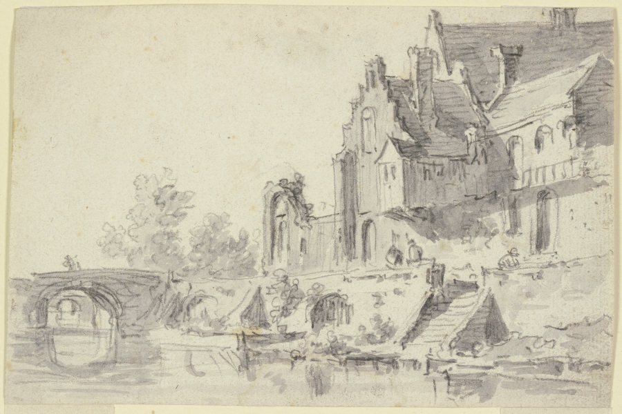 Rechts an einem Wasser alte Häuser mit einer Treppe, über das Wasser führen zwei steinerne Brücken de Jan van Goyen