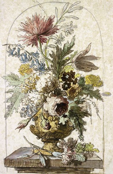 Blumenbouquet in einer Vase, vorne liegt eine Nelke de Jan van Huysum
