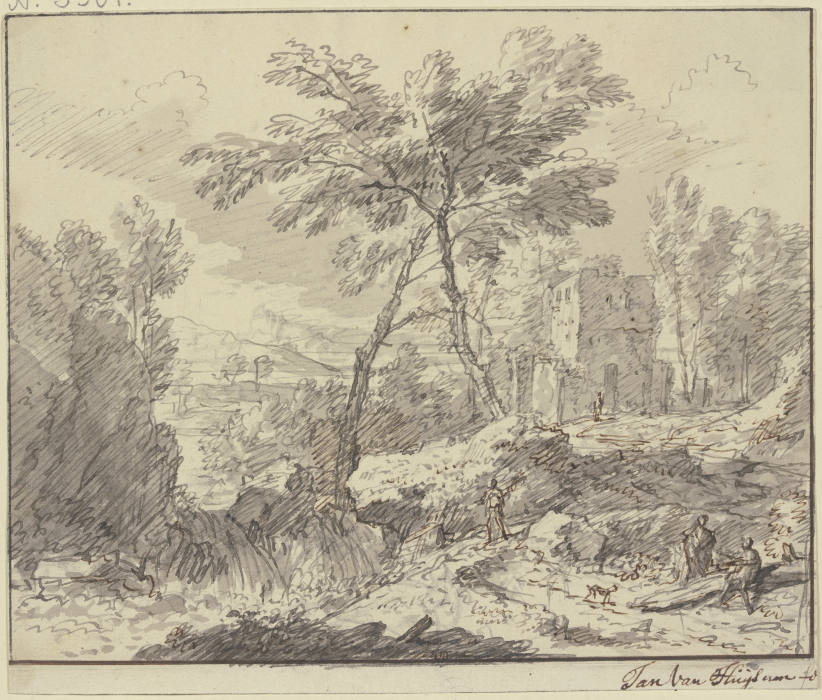 Landschaft mit einem Wasserfall, rechts an einem Baumstamm zwei Figuren de Jan van Huysum