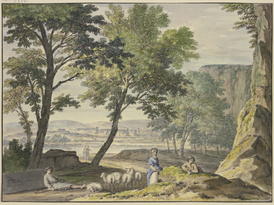 Stilvolle Landschaft mit Schafhirten, in der Ferne eine Stadt de Jan van Huysum