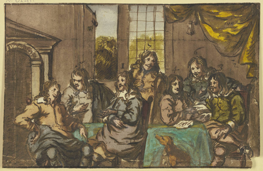 Sieben Herren in einem Zimmer um einen grünen Tisch sitzend, mit Papieren beschäftigt, dabei ein Hun de Jan van Mieris