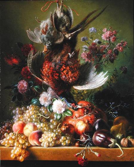 Still Life with pheasant and flowers de Jan van Os