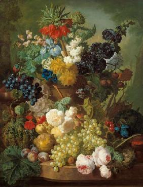 Quiet life with fruits and flowers