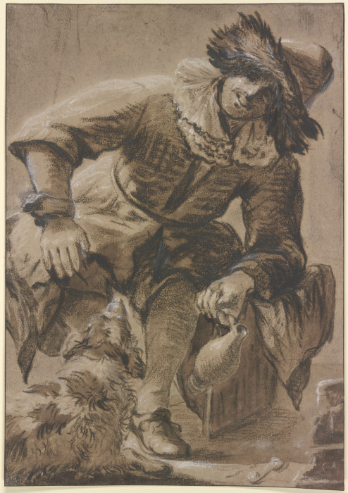 Sitzender Mann mit Pelzmütze und Weinkrug, dabei ein Hund de Johannes Vermeer