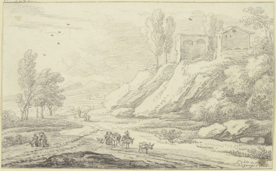 Rechts am Weg Hügel mit Gebäuden, auf demselben Eselstreiber und andere Figuren de Jan Vermeer van Haarlem d. Ä.