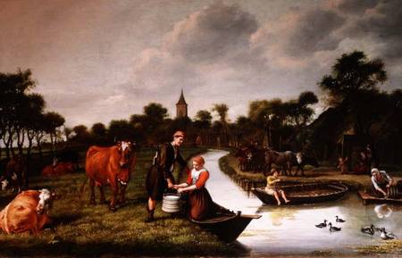 River Landscape with a couple carrying a milk churn de Jan Victors